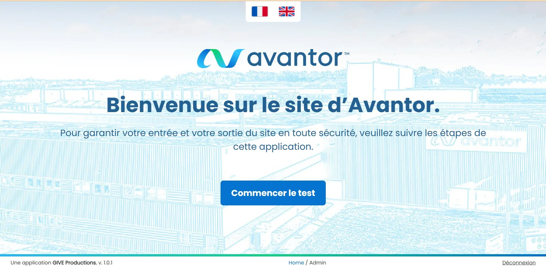 Application accueil sécurité — écran d'accueil avec choix de langue