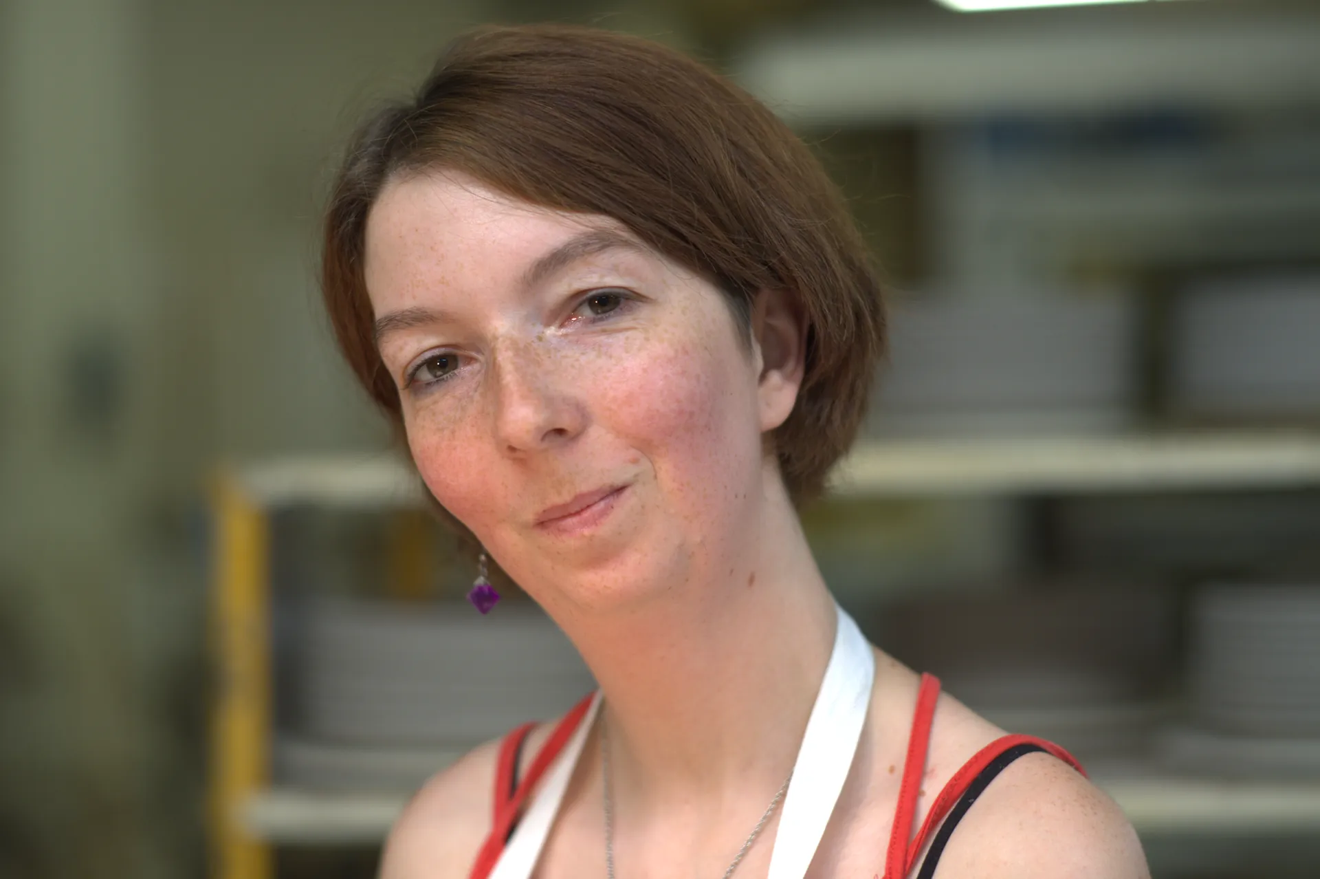 Portrait d'ouvrier à travers une vitre, superposition avec étagères d'assiettes en faïence