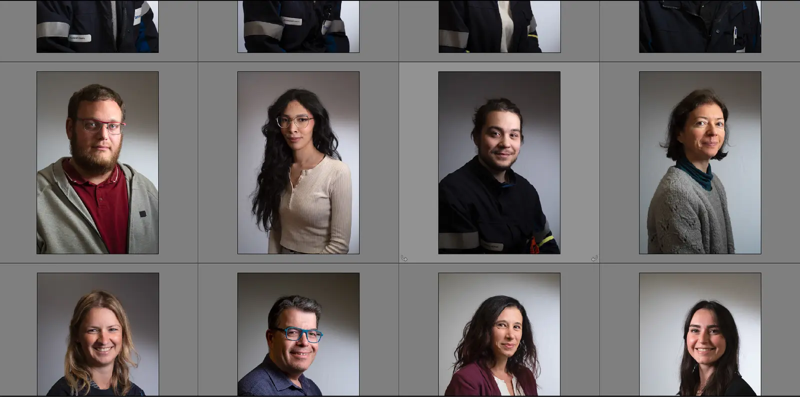 Portraits studio corporate — gros plans noir et blanc sur fond neutre