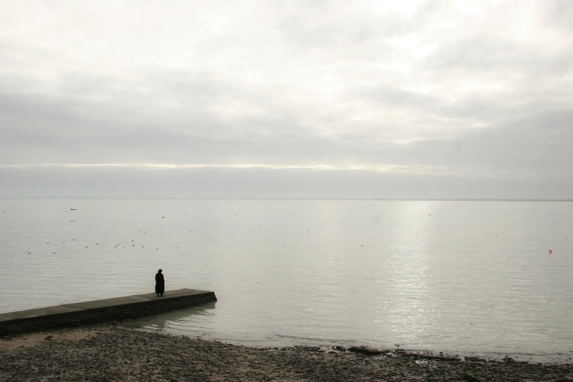 Couple âgé assis sur chaises pliantes face à la plage à marée basse